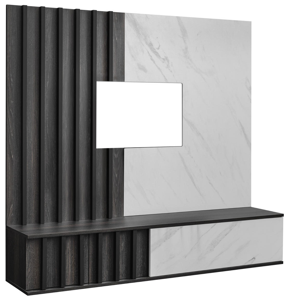 TV-LOWBOARD Graphit Eiche, Marmor weiß 160 cm hängend, TV Unterschrank Set mit Wandpaneel - Graphitfarben/Weiß, Holzwerkstoff (160/148/35cm) - Inn.Furn