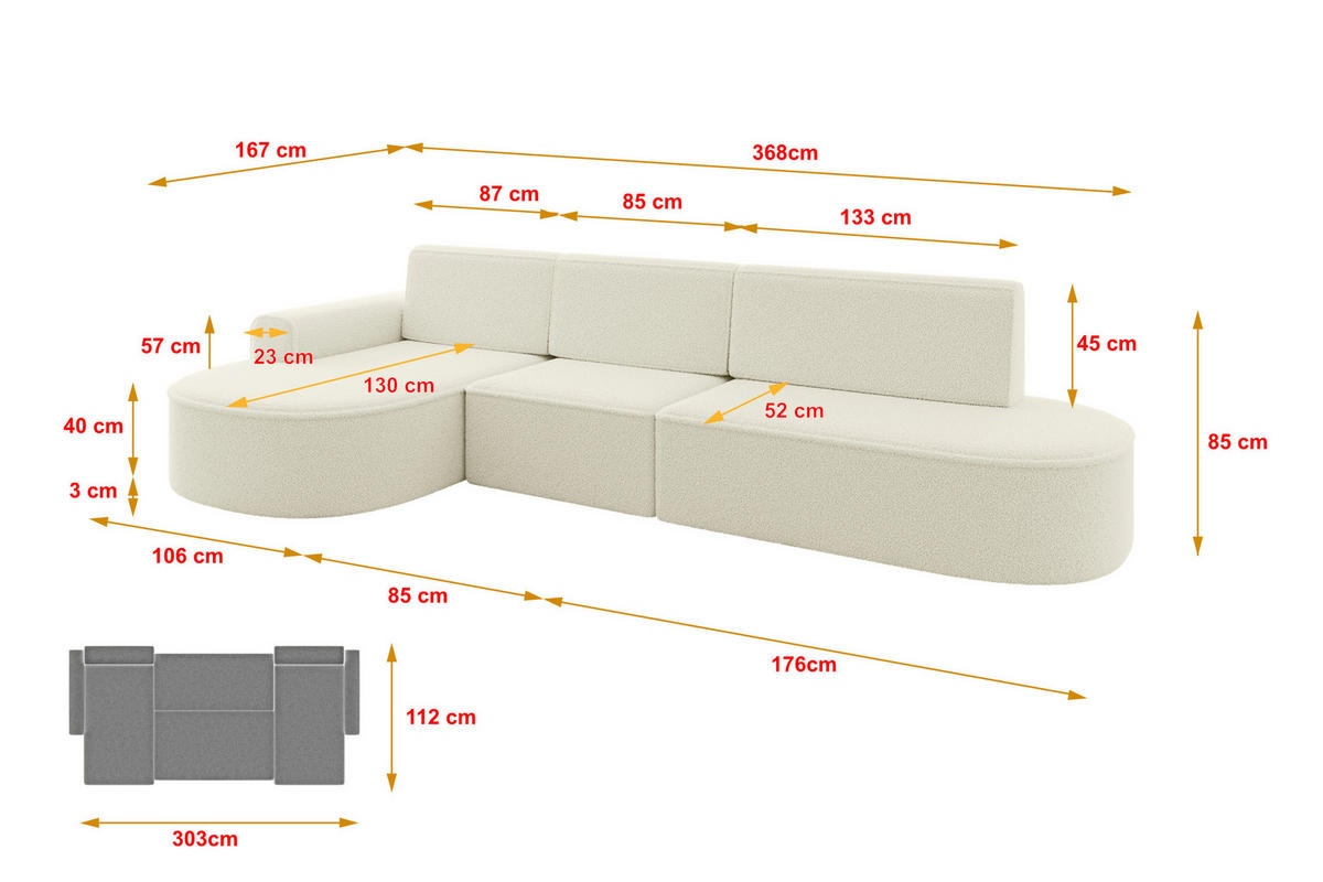 ECKSOFA mit Schlaffunktion Ottomane Links MARI L2-S 368X167X85 Beige Bouclé - Beige/Schwarz, Holzwerkstoff/Kunststoff (368/167cm) - ALTDECOR