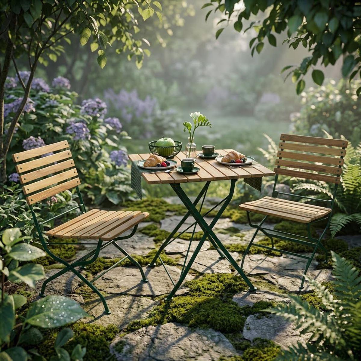 BISTRO Set Genf - Gartenmöbel Garten-Garnitur 3-teilig, Sitzgruppe für 2 Personen - Flachstahl Robinienholz dunkelgrün - Grün, Holz - TPFGarden
