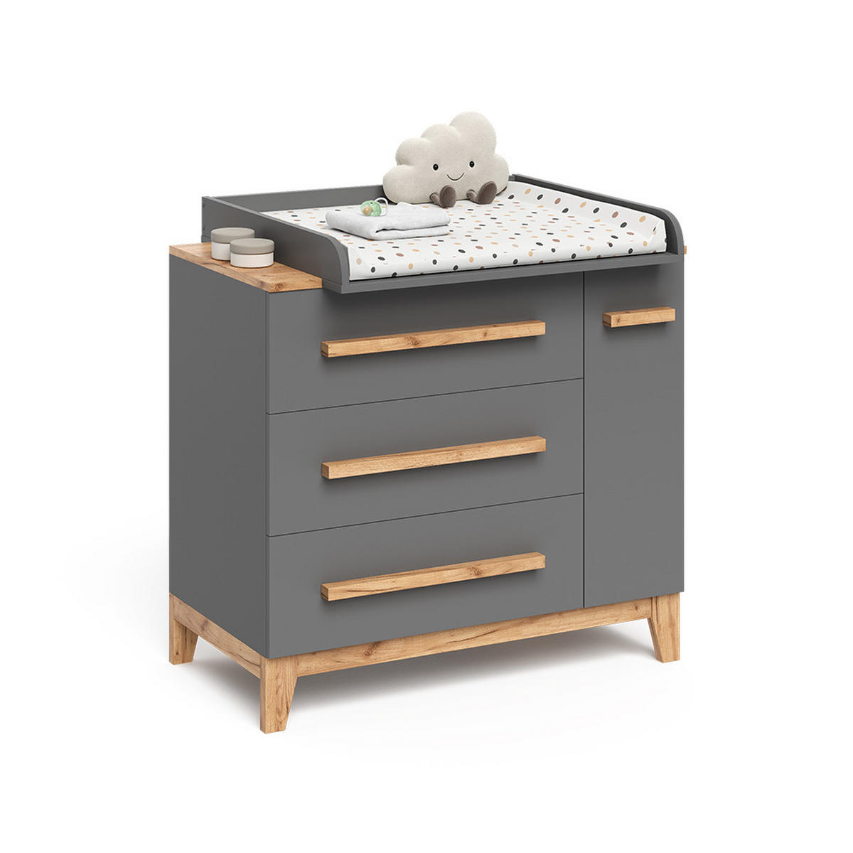 WICKELKOMMODE Malia Grau 98 x 98 cm mit 1 Tür & 3 Schubladen - Hellgrau/Grau, Holzwerkstoff (98/98/52cm) - VitaliSpa