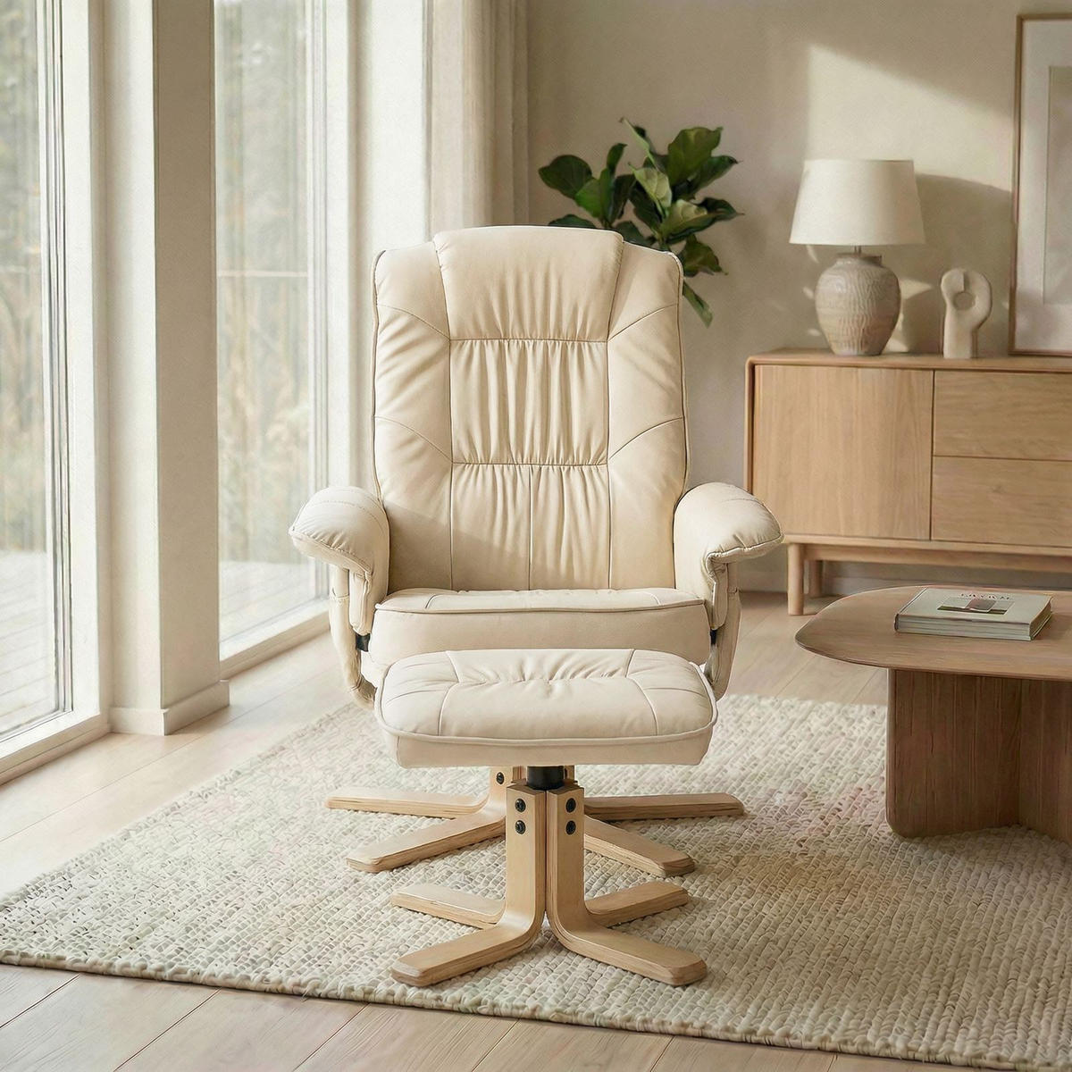RELAXSESSEL KUNSTLEDER, SET MIT HOCKER CHARLY - Beige, Textil (76/87/61cm) - IDIMEX