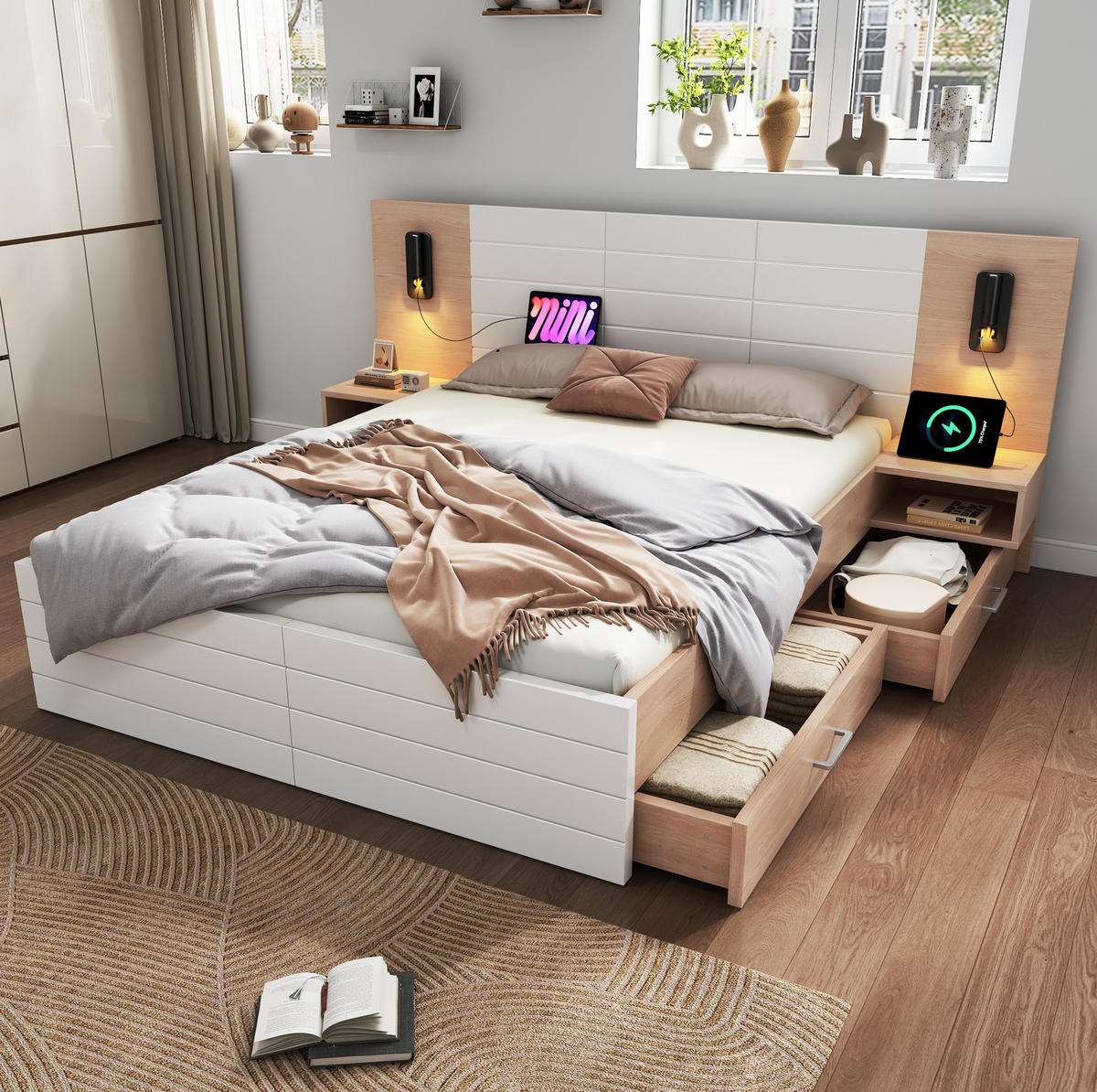 BETT 160/200 cm mit 2 Schubladen, Leselicht & USB, Massivholz/MDF, Weiß/Eiche - Weiß, Holzwerkstoff (160/200cm) - Redom