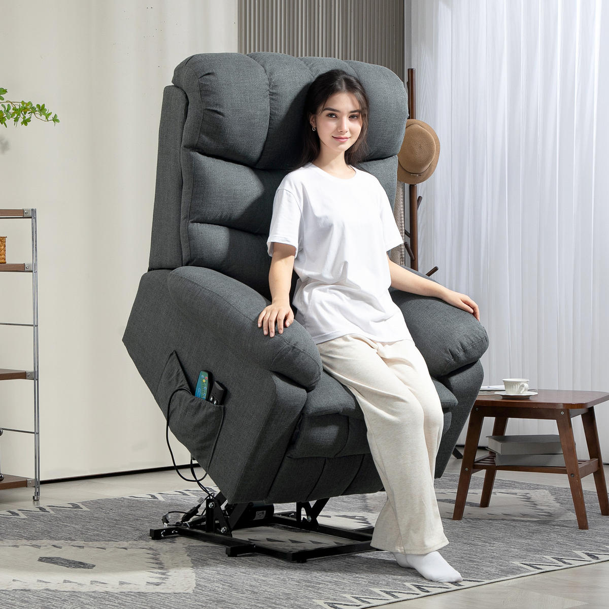 RELAXSESSEL Elektrisch Fernsehsessel mit Aufstehhilfe, Liegefunktion, Dunkelgrau - Dunkelgrau/Schwarz, Textil/Metall (93/112/100cm) - HOMCOM