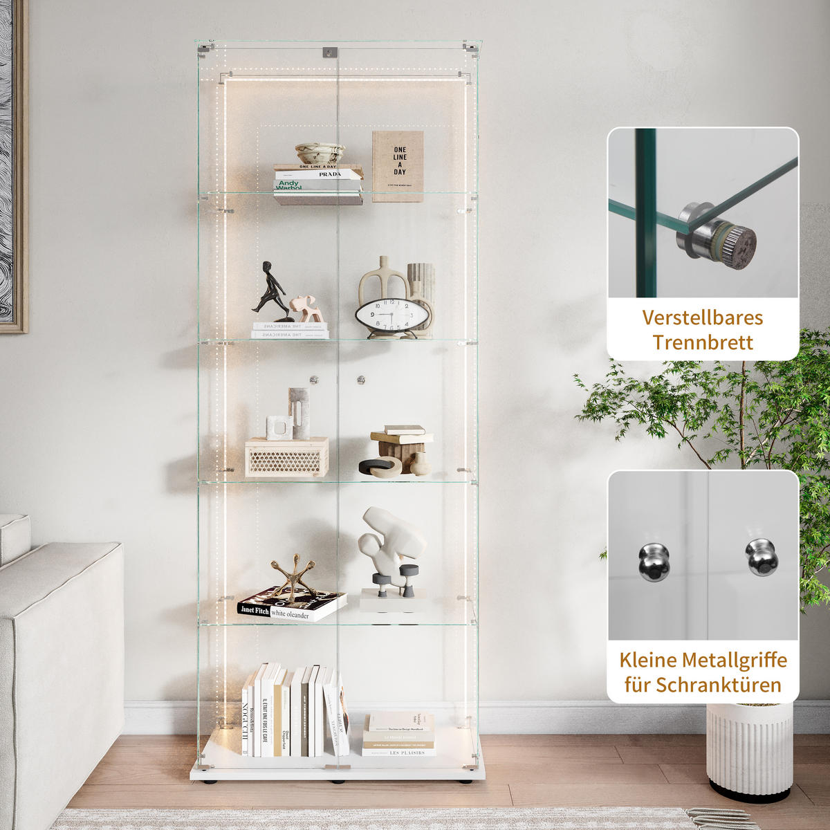 VITRINE 2 Türen, 5 Einlegeböden, LED Band, Glas, mobil, Stauraum optimal, weiß - Weiß, Glas (78.51/186.5/34.5cm) - EuroLiving