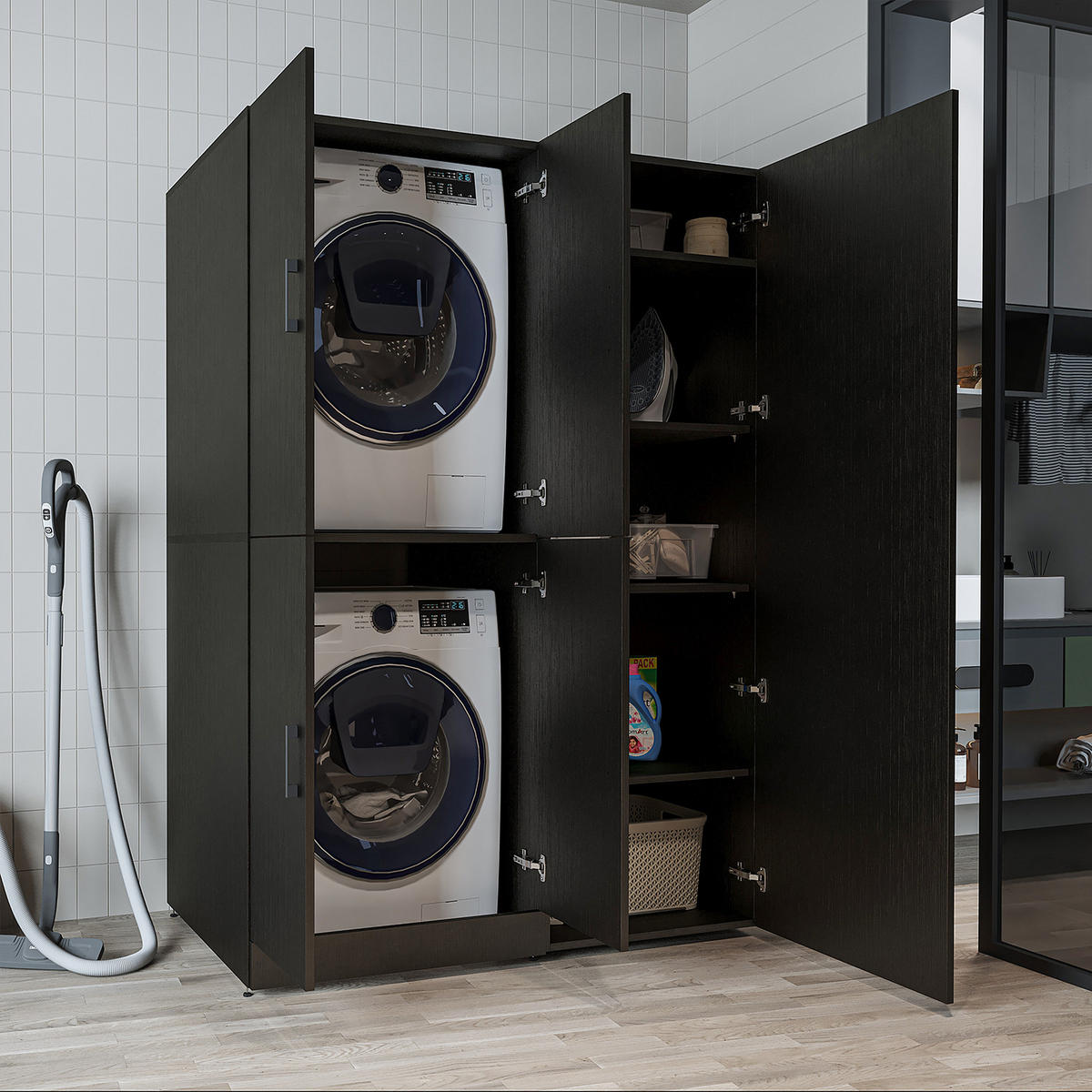 WASCHMASCHINENSCHRANK DORA-II 130cm Breit, 186cm Hoch - Schwarz, Holzwerkstoff (130/186/73.8cm)