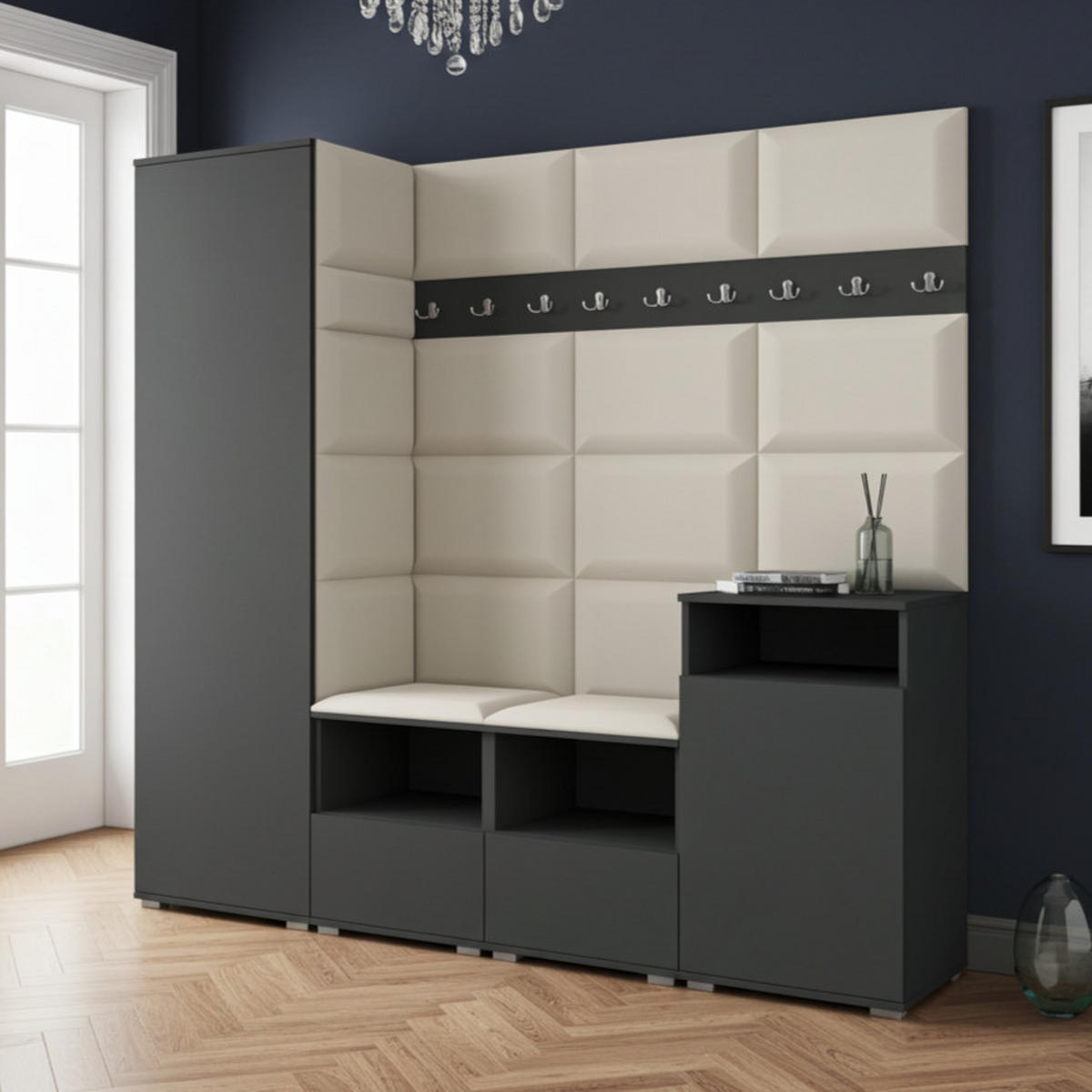 GARDEROBE NELA X 200 cm (Modulare Flurmöbel Graphit mit Sitzpolster Creme 01 Schrank + Sideboard) - Silberfarben/Creme, Holz/Holzwerkstoff (200/187/40cm) - Ravio