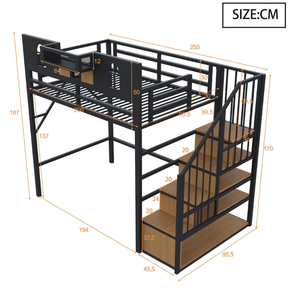 HOCHBETT 90/200 cm in Schwarz mit Ablagefach, Stauraumleiter und Lichtleiste aus Metall und MDF - Schwarz, Metall (90/200cm) - STILVORA