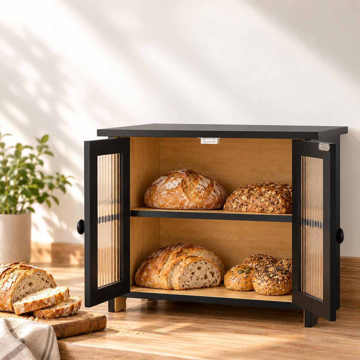 BROTKASTEN Schwarz Bambus 2 Etagen Sichtfenster - Schwarz, Holz/Kunststoff (36/34/22cm) - Relaxdays