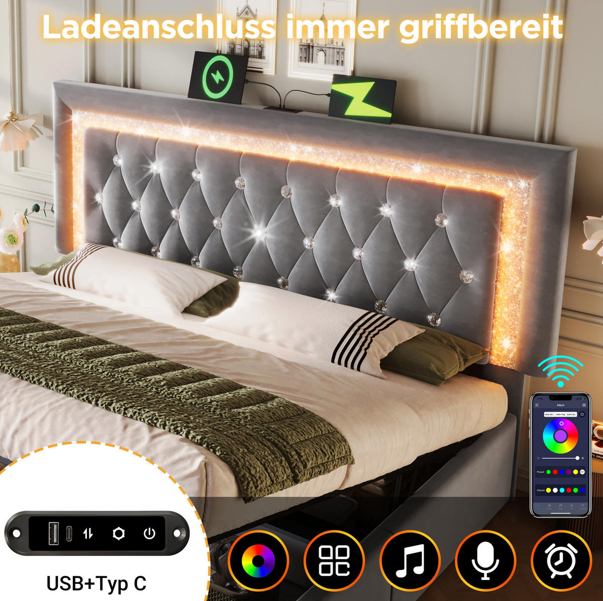 POLSTERBETT 180/200 cm aus Samt mit LED-Beleuchtung, USB- & Type-C-Anschluss und hydraulischem Stauraum, Grau - Grau, Textil (180/200cm) - Redom