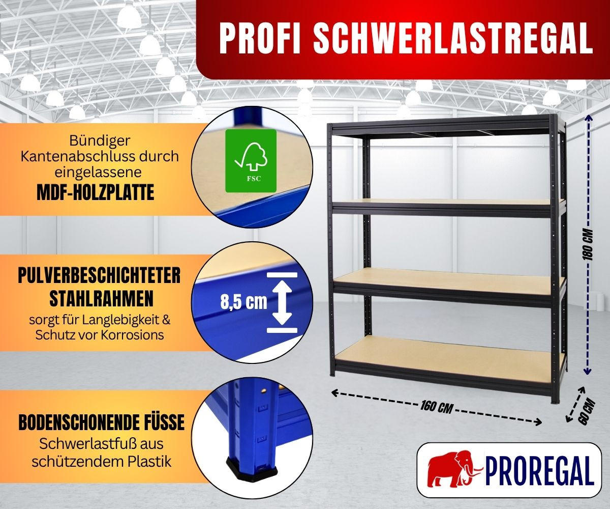 SCHWERLASTREGAL Dino 180x160x60 cm Fachlast 600 kg Schwarz - Schwarz, Metall (160/180/60cm) - PROREGAL