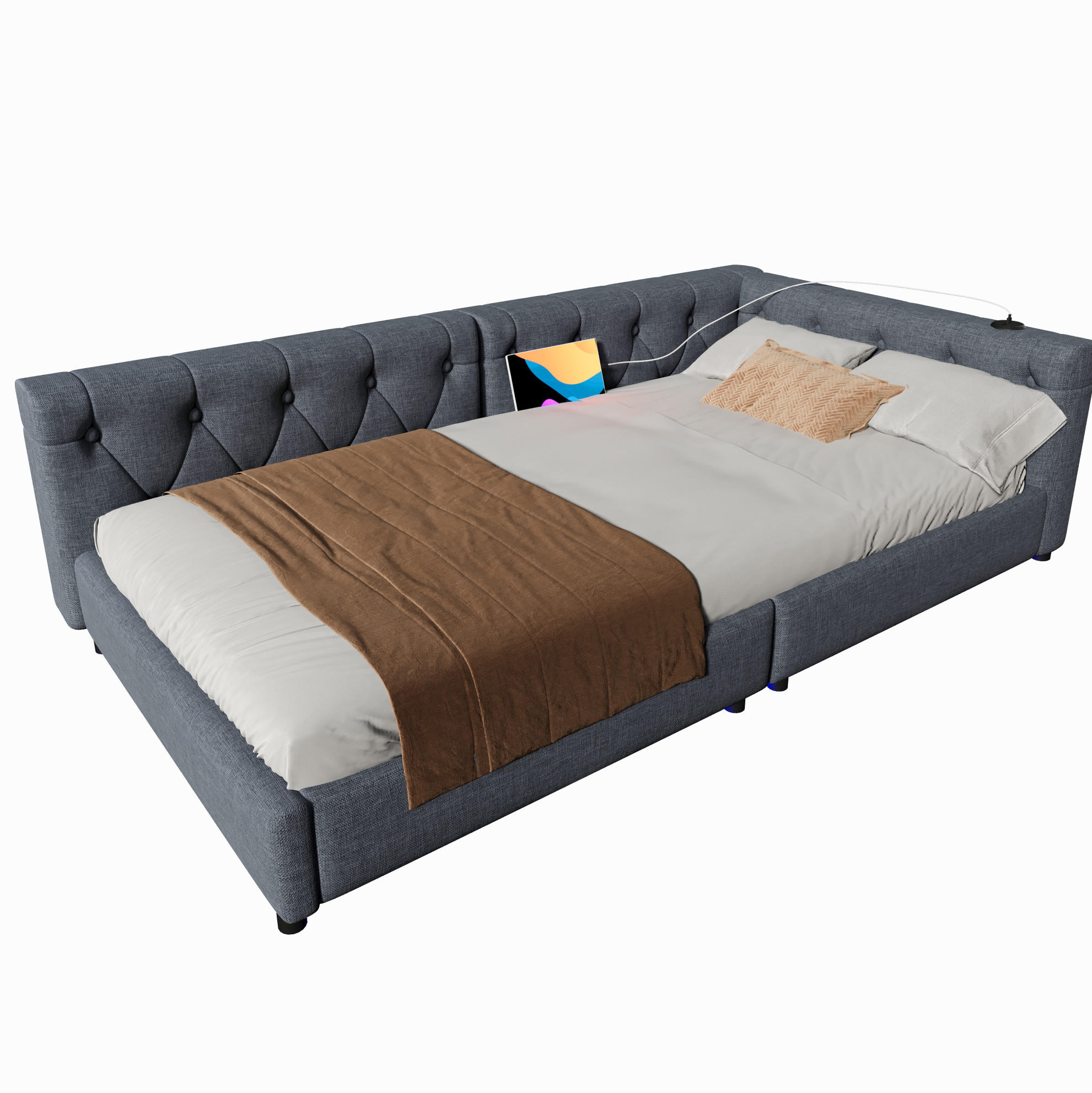 POLSTERBETT aus Leinen und MDF 90x200 cm Grau mit LED-Beleuchtung, USB- und Type-C-Anschluss, Lattenrost - Grau, Textil (90/200cm) - Modfu