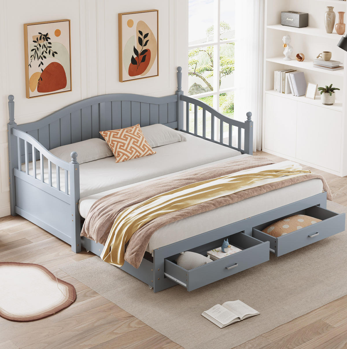 BETT Ausziehbares Schlafsofa 90/190 cm Grau aus Kiefernholz mit Schubladen - Grau, Holzwerkstoff (90/190cm) - OKWISH