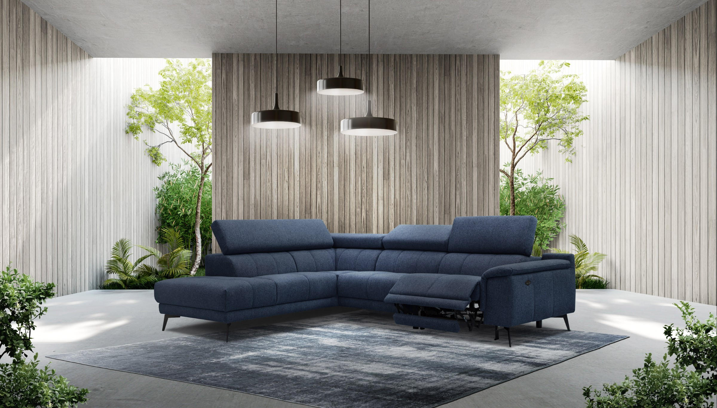 ECKSOFA FIERO 5-Sitzer mit 1 Relaxfunktion, dunkelblau - Dunkelblau, Holzwerkstoff/Textil (228/290cm) - Courtois Laville