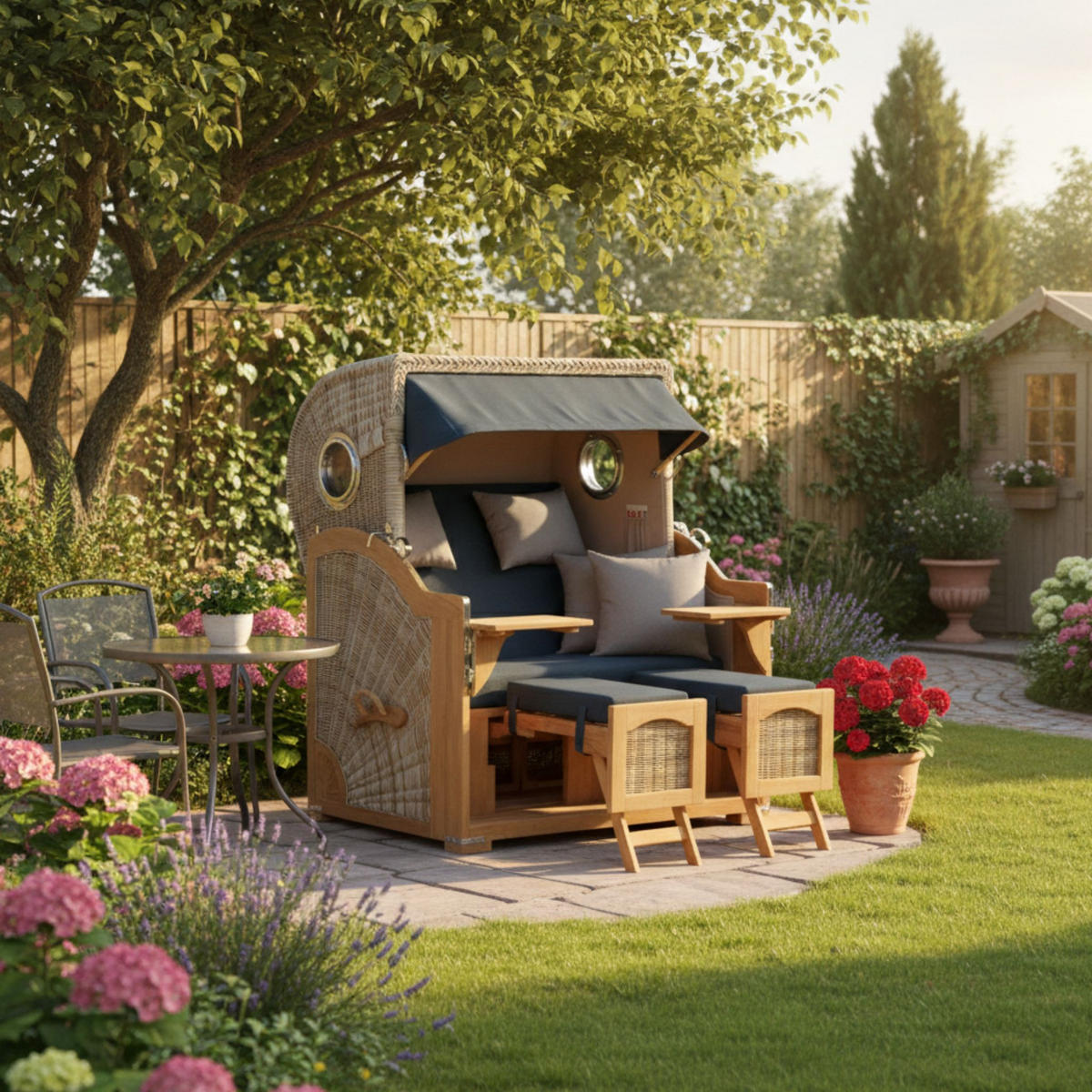 STRANDKORB XXL Düne Grande Teak PE Shell - Blau/Braun, Metall (142/170/95cm) - Mr. Deko