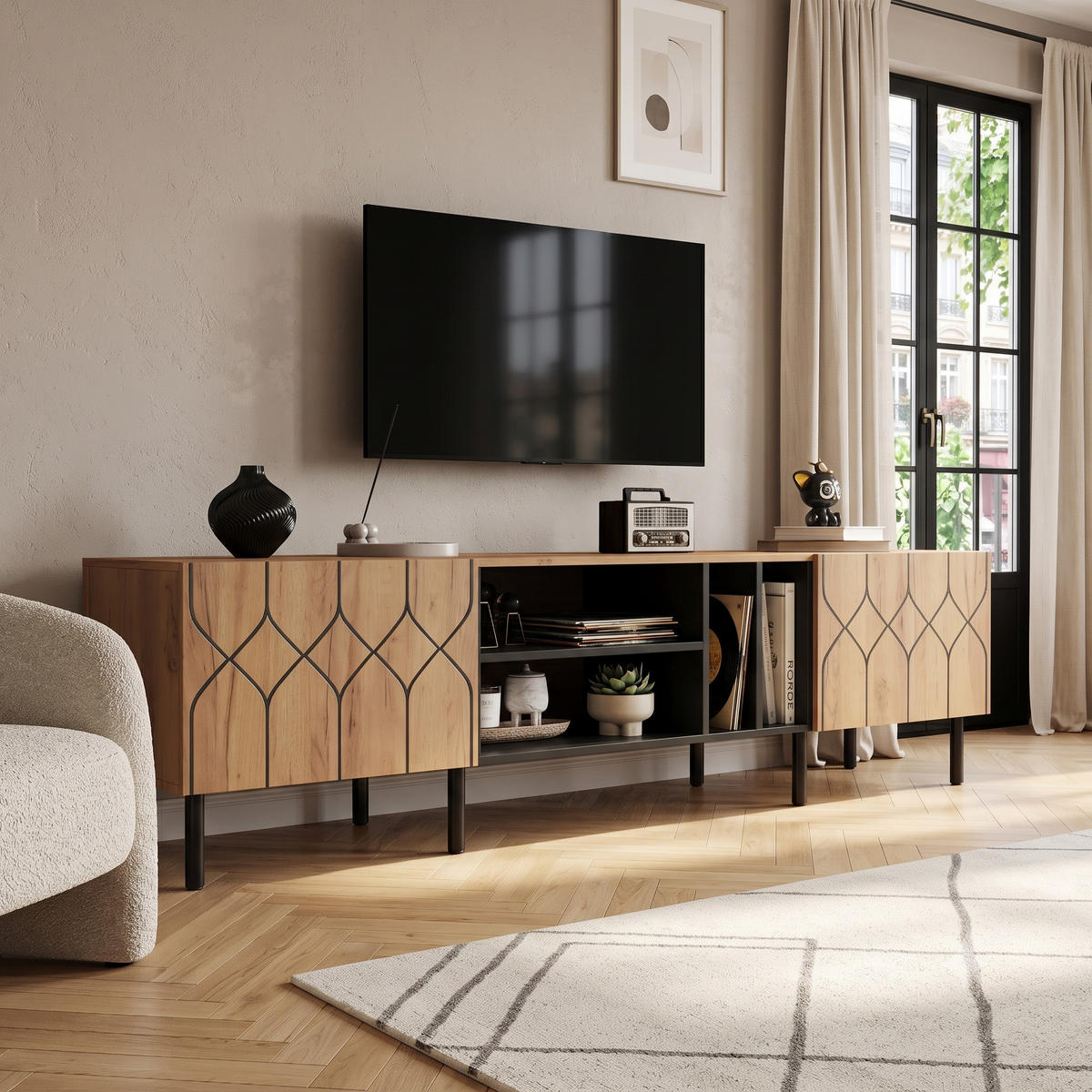 NÍZKÁ SKŘÍŇKA (LOWBOARD) přírodní dřevo a černá, 180 cm, pro TV do 70 palců, 2 dvířka a 4 otevřené přihrádky - přírodní, kompozitní dřevo (180/50/40cm) - Urban Meuble