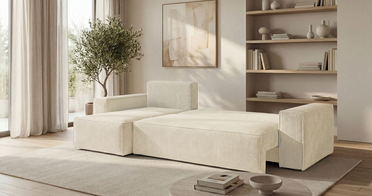 ECKSOFA CALIFORNIA MINI links weiß Cord Poso 100 - Schlaffunktion, Bettkasten - Weiß, Textil (245/140cm) - Cornero