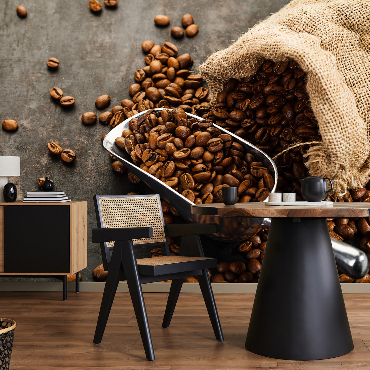 FOTOTAPETE für Küche Beutel mit Kaffeebohnen auf Beton 400x280 - Beige/Schwarz, Papier (400/280cm) - Muralo