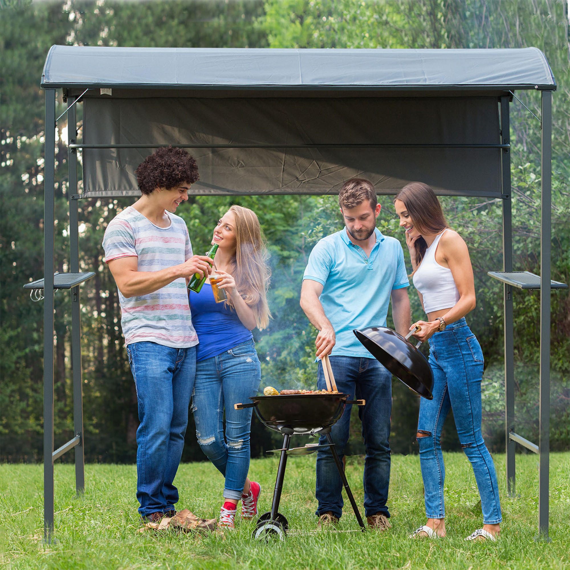 GRILLPAVILLON, Polyester, Schwarz - Grau, Metall (138/216/218cm) - Outsunny
