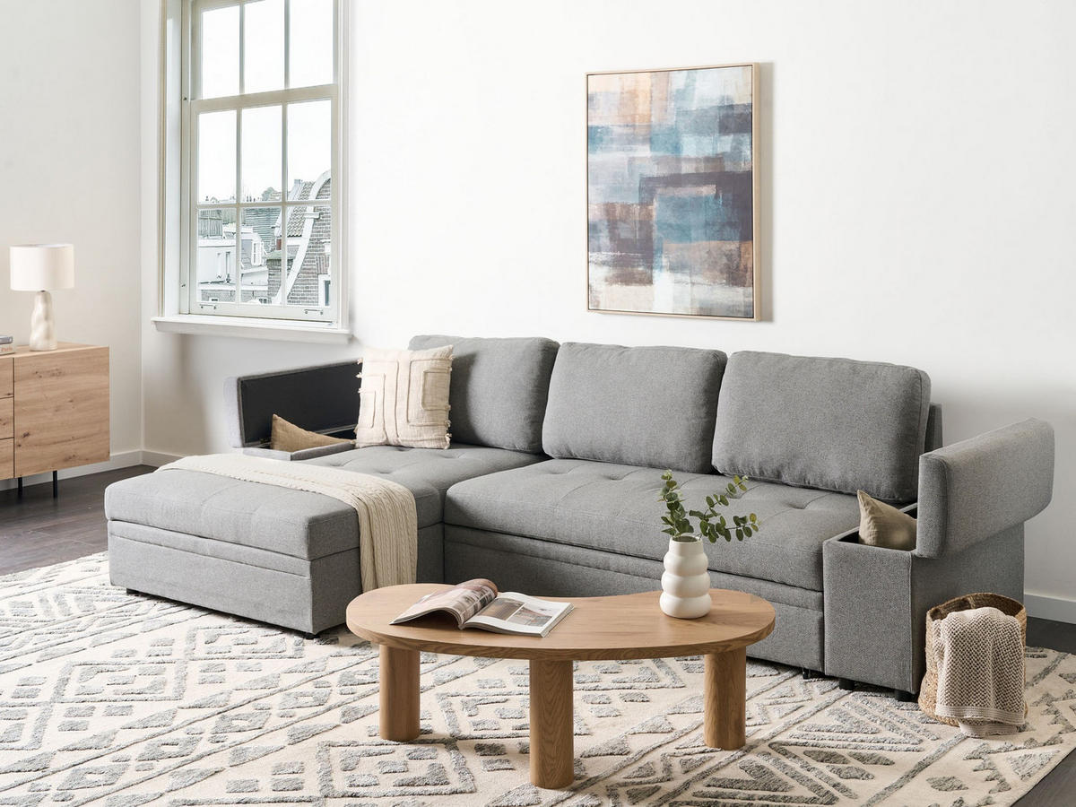 ROZKLÁDACÍ ROHOVÁ POHOVKA 3-místná Umělý len Šedá s úložným prostorem pravostranná Hrisey - šedá, textil (293/161cm) - Beliani