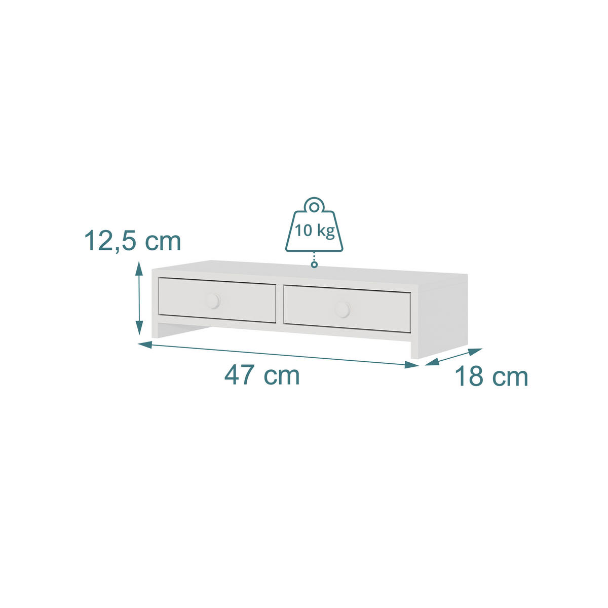 MONITORSTÄNDER Weiß MDF 2 Schubladen 47x18x12,5 cm - Weiß, Holzwerkstoff (18/47/12.5cm) - Relaxdays