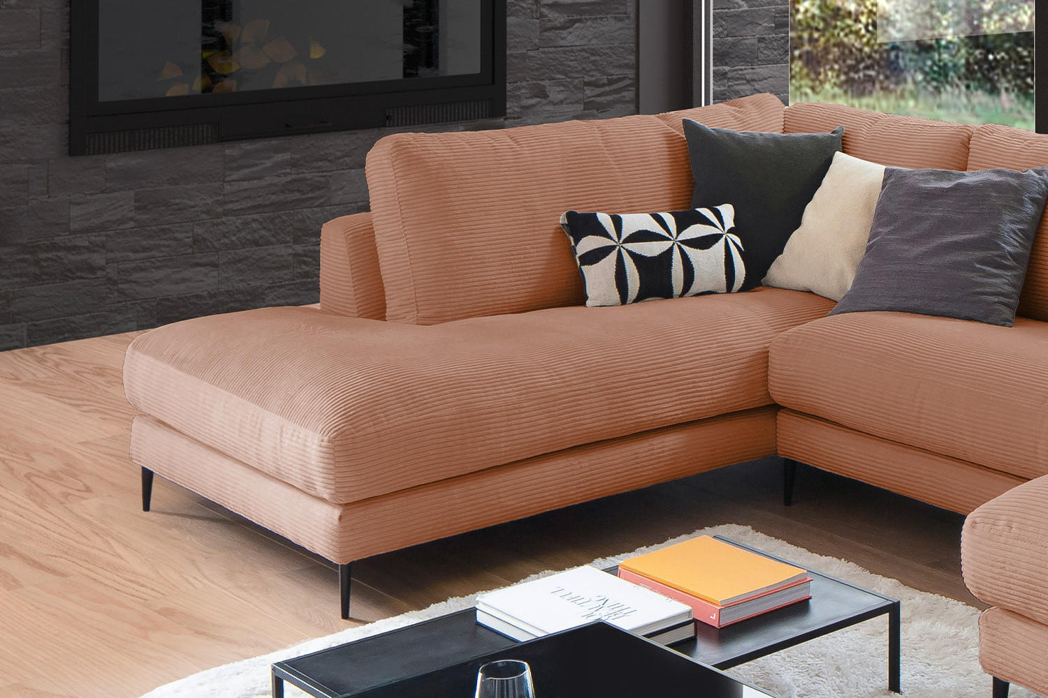 WOHNLANDSCHAFT CARA Braun Cord - Dunkelbraun/Schwarz, Textil (341/84/223cm) - KAWOLA