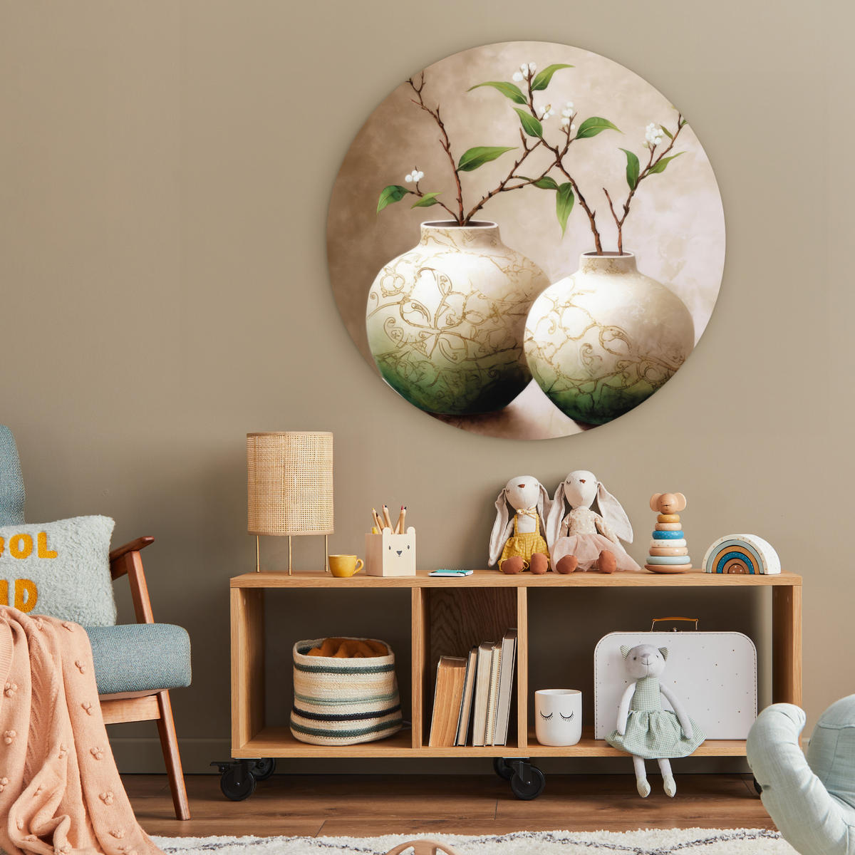 WANDBILD Blumen - Vase - Weiß - Botanisch - Beige 90x90 cm - Ecru, Kunststoff (90/90cm) - MuchoWow
