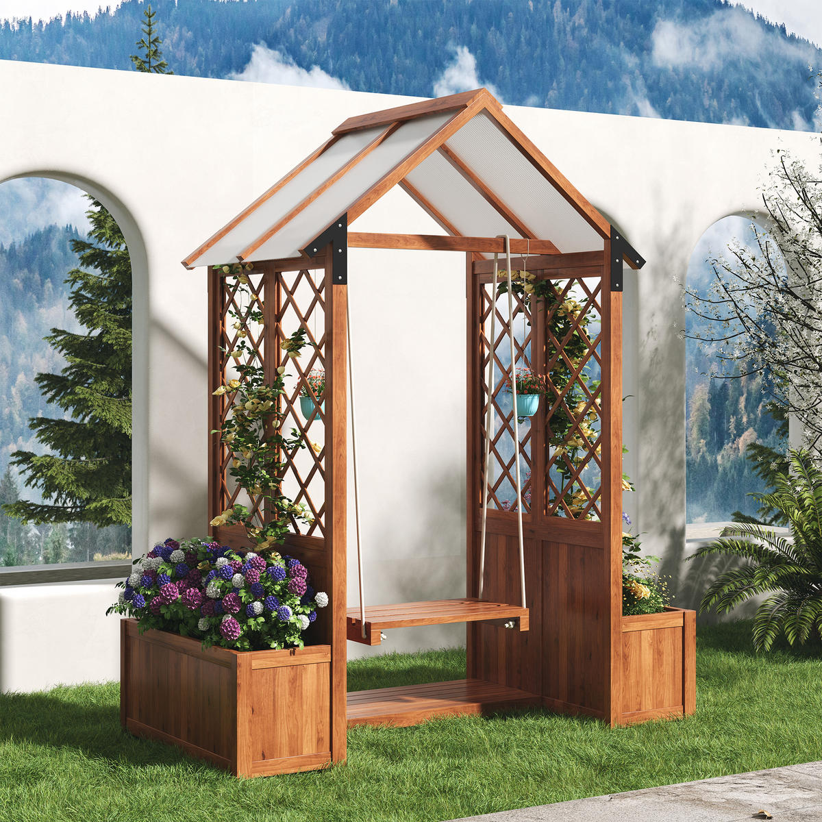 BLUMENTOPF 142/70/163 cm Braun mit Schaukel und Spalier als Kletterhilfe - Braun, Holz (70/163/142cm) - Oxeza
