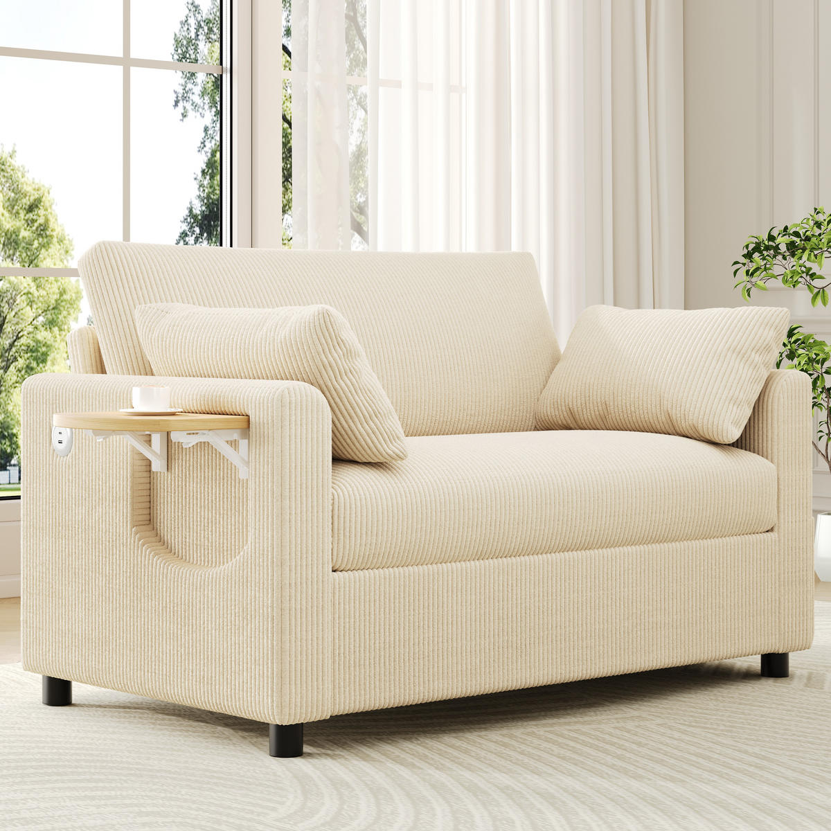 SCHLAFSOFA 2-Sitzer ausziehbar mit USB und Seitentisch, Beige - Beige, Textil (134/84/82cm)