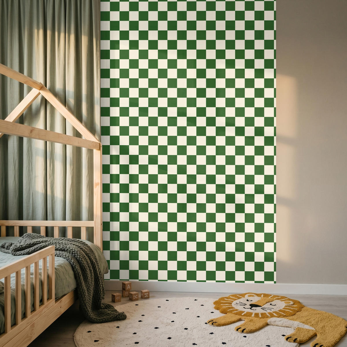 KINDERTAPETE - Schachbrett - Muster - Grün - 140x200 cm - Grün, Papier (140/200cm) - OnlyWow