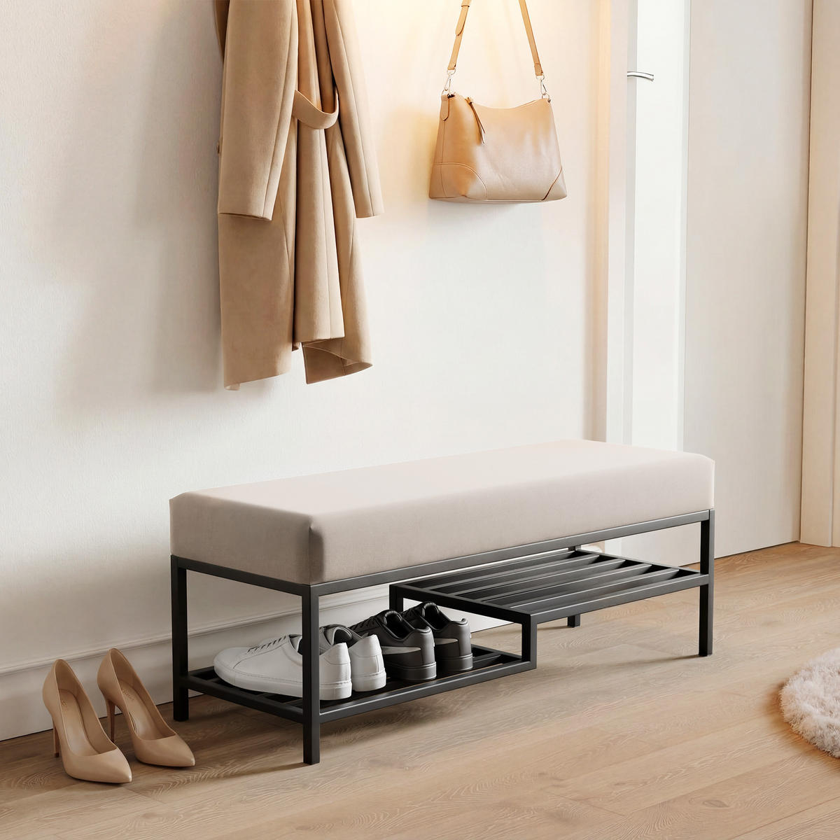 POLSTERBANK STEP 100 cm Schwarz / Creme ,Metallgestell - Creme, Metall (100/45/35cm) - Idohome