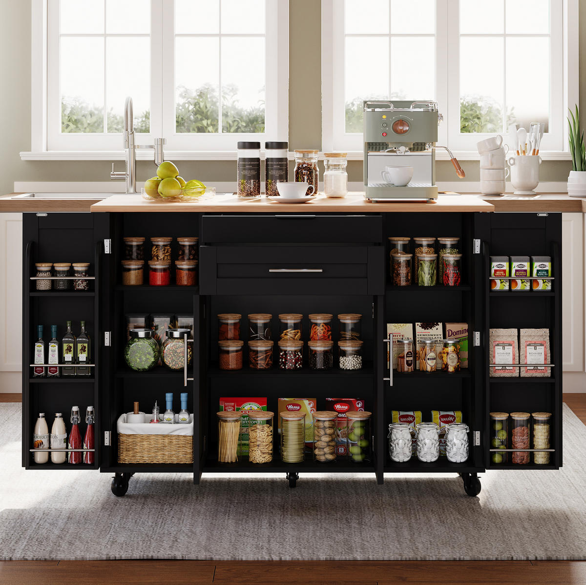 KÜCHENINSEL 136/70/92 cm aus MDF mit ausziehbarer Arbeitsplatte, Schubladen und Rollen, Schwarz/Natur - Schwarz, Holzwerkstoff (136/92/70cm) - Redom