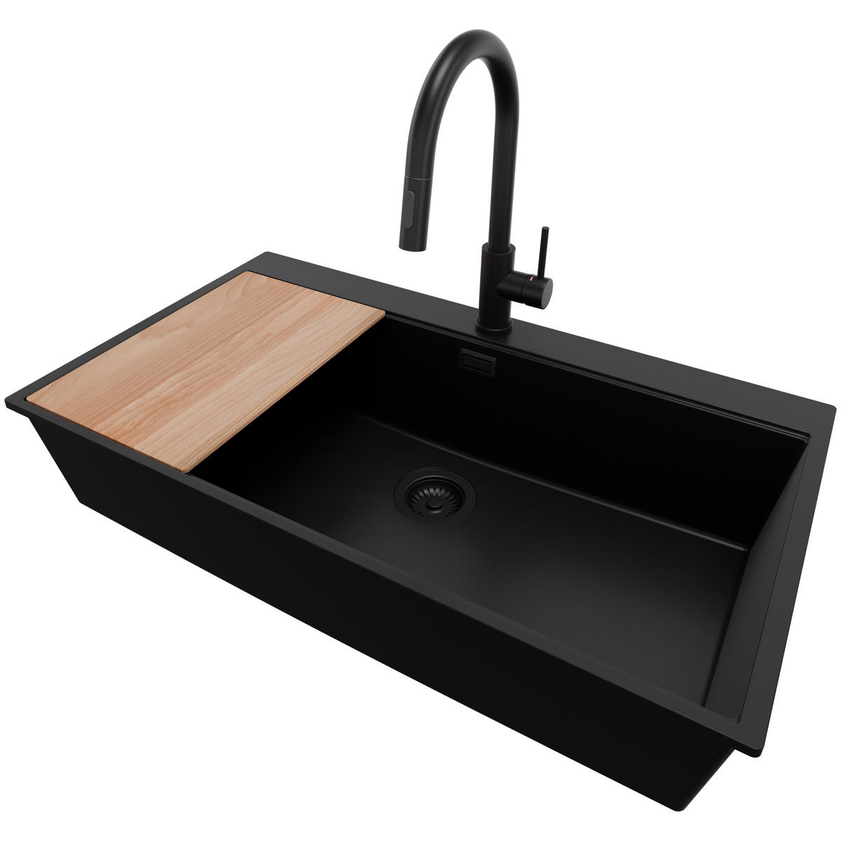 GRANITSPÜLE Oslo, 2-er set Alles Schwarz 88/50 cm 1 Becken + Küchenarmatur 40/20 cm + Ablauf-Set + Schneidebrett ab 90er Unterschrank - Beige/Schwarz, Kunststoff (88/20/50cm) - Primagran