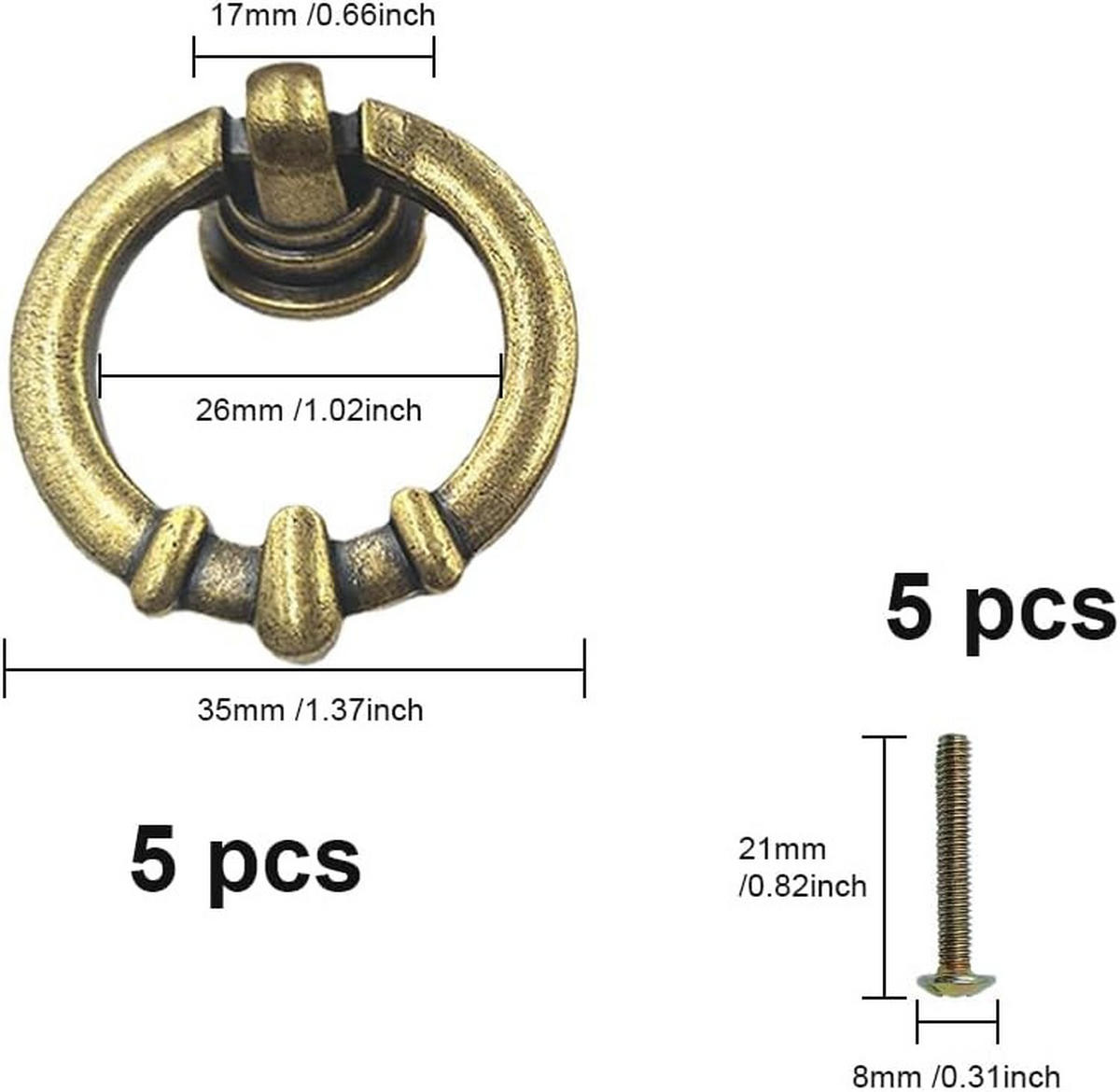 SCHRANKKNOPF Messing Antik 5er-Set - Goldfarben, Metall (0.35/3/0.42cm)