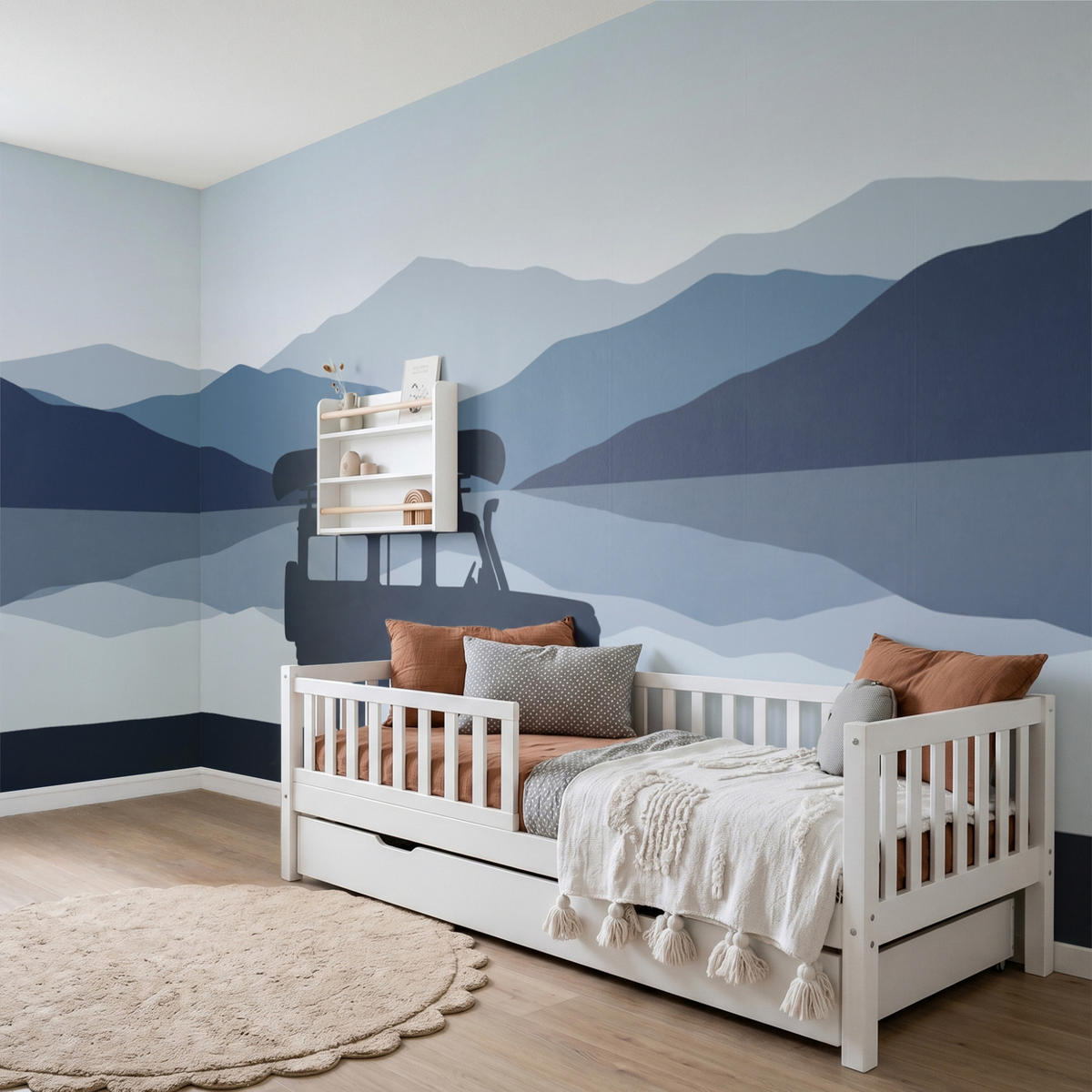 KINDERTAPETE - Auto - See - Berge - Blau - 500x260 cm - Blaugrau, Papier (500/260cm) - OnlyWow