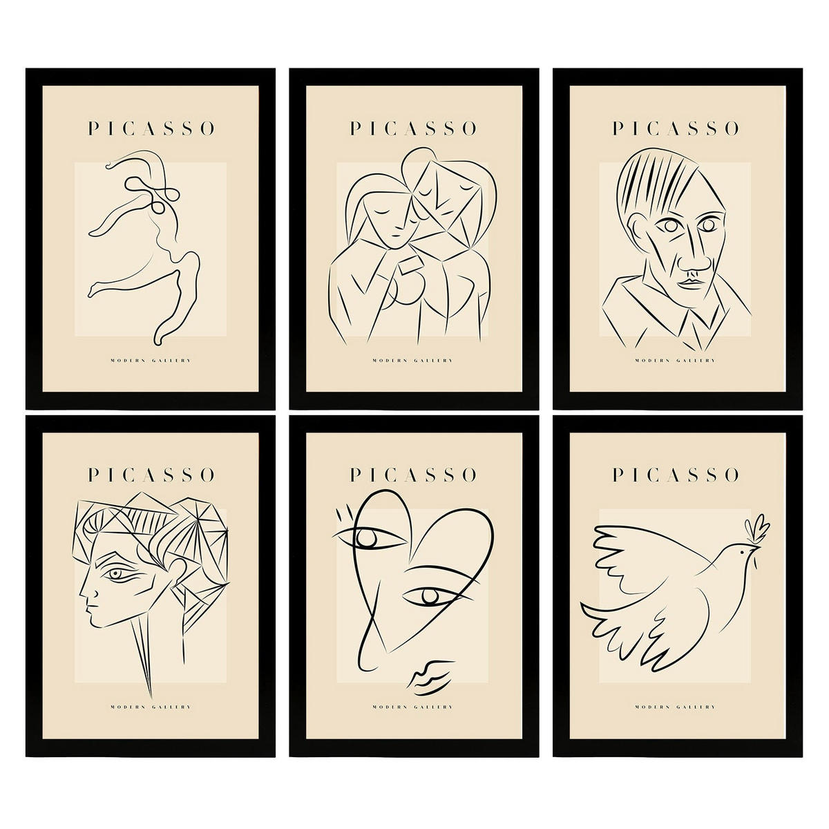 POSTER Set Mit 6 Illustrationen Von Pablo Picasso Harmonie A3 Schwarzer Rahmen - Schwarz, Papier (29/3cm) - Nacnic