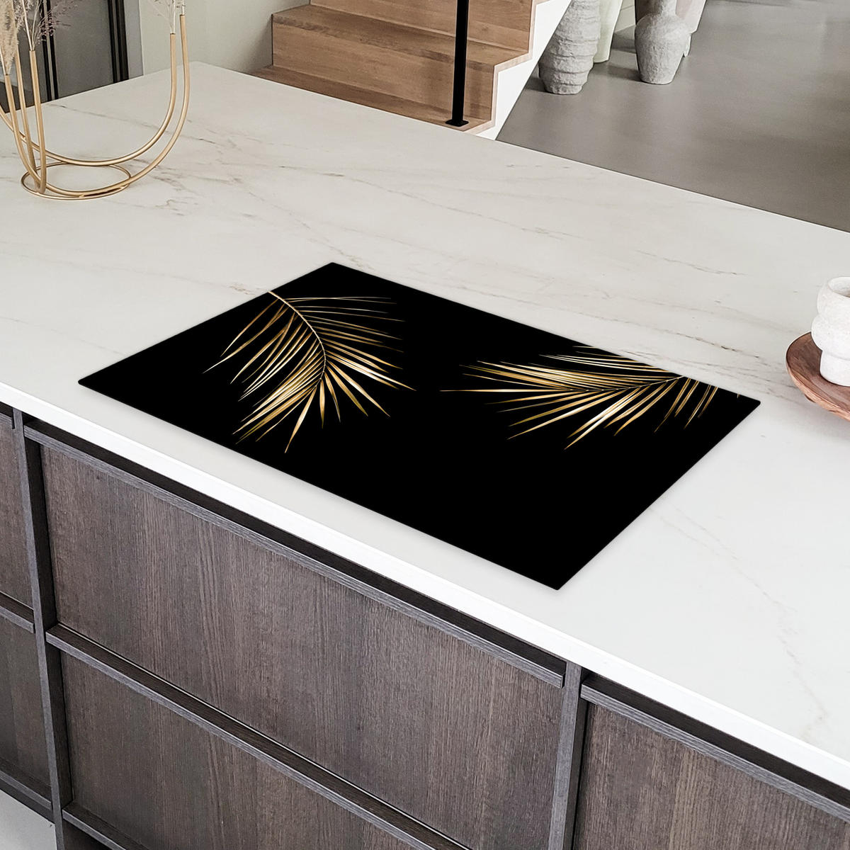 HERDABDECKPLATTE Blätter - Pflanzen - Gold - Schwarz - Luxus Ceranfeldabdeckung 85x52 cm - Goldfarben, Kunststoff (85/52/0.2cm) - MuchoWow