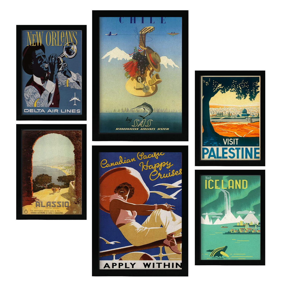 POSTER Set Mit 6 Land & Stadt Größe A3 & A4 Schwarzer Rahmen - Schwarz, Papier (29.7/1cm) - Nacnic