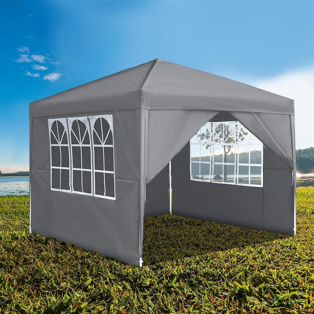 FALTPAVILLON 3 x 3 m Grau mit 4 Seitenteilen und Fenstern - Grau, Textil (300/260/300cm)