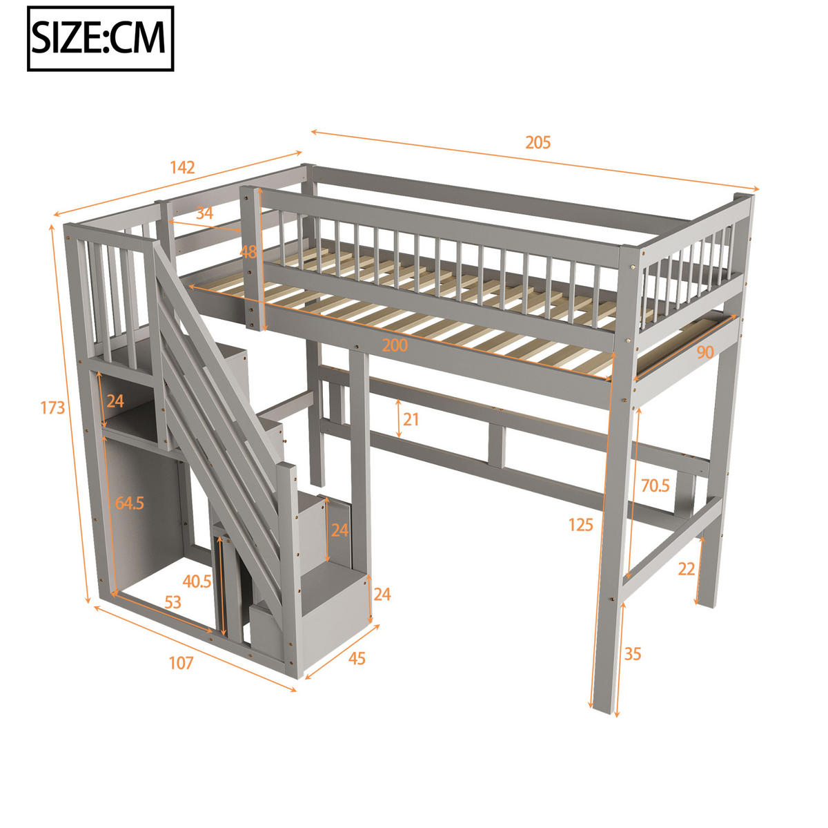 BETT mit Stauraumtreppe 90x200 cm Kiefernholz Grau - Grau, Holzwerkstoff (90/200cm) - Beauniv