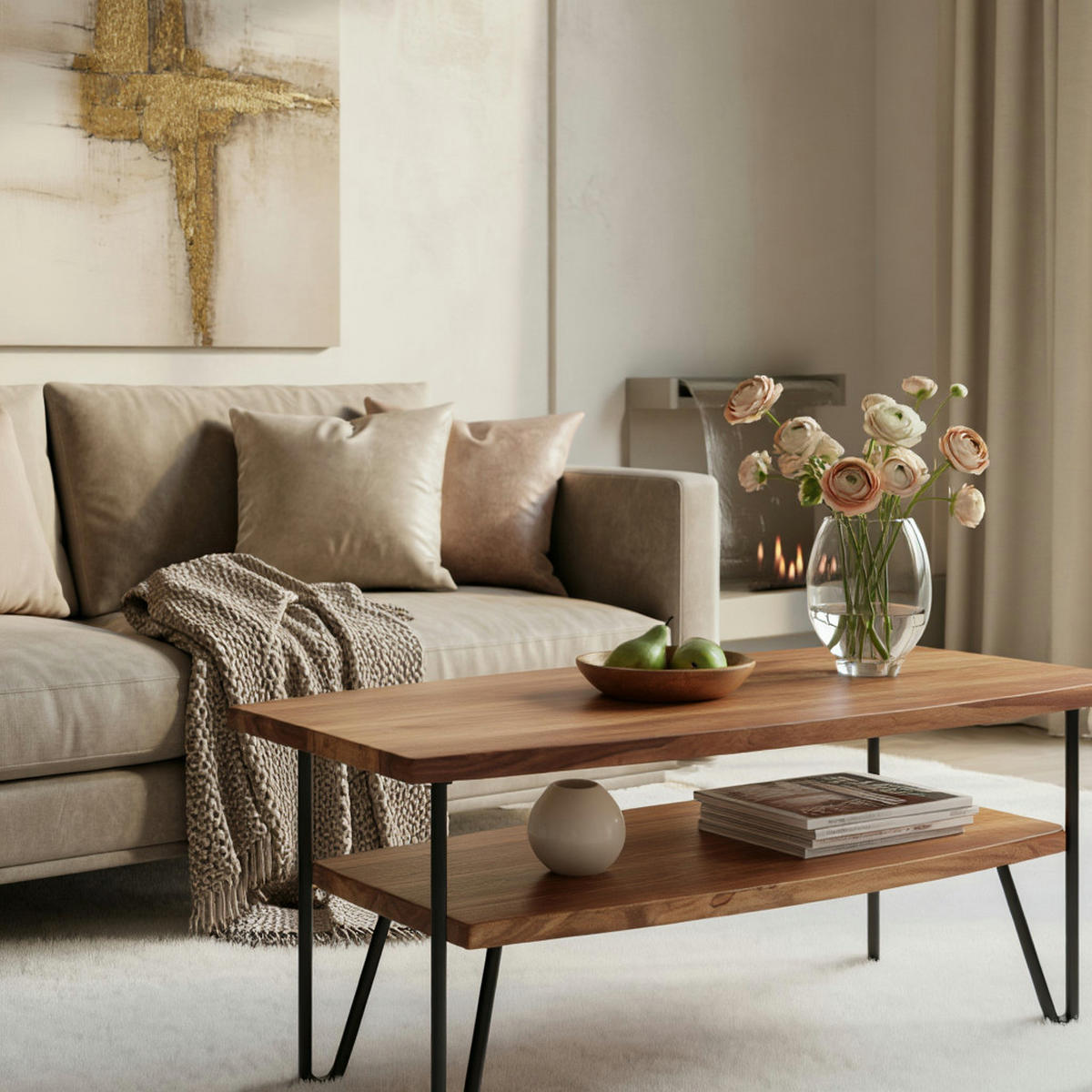 COUCHTISCH Sheesham Massivholz Metall Industrial-Style 90x50x40 cm - Schwarz/Braun, Holz/Metall (50/90/40cm) - KADIMA DESIGN