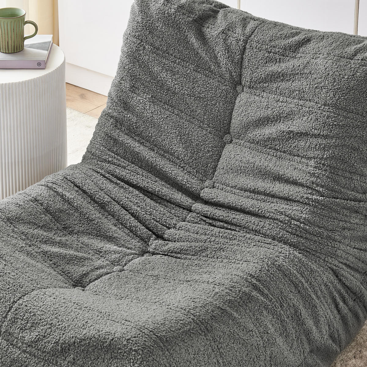LAZY SOFA Teddyfell Optik mit Hocker weich & ergonomisch - Grau, Textil (100/70/90cm) - Urban Meuble