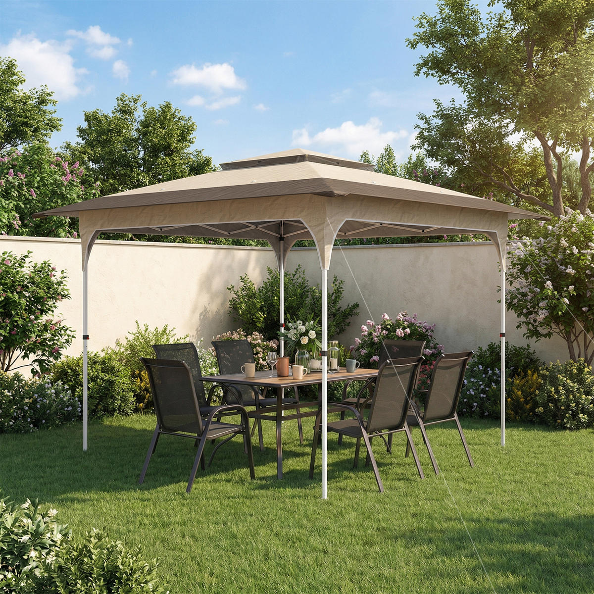 PAVILLON, faltbar mit 3 verstellbaren Höhenstufen, Doppeldach, 3,5 x 3,5 m, Khaki - Braun, Metall (352/278/352cm) - Vallsero