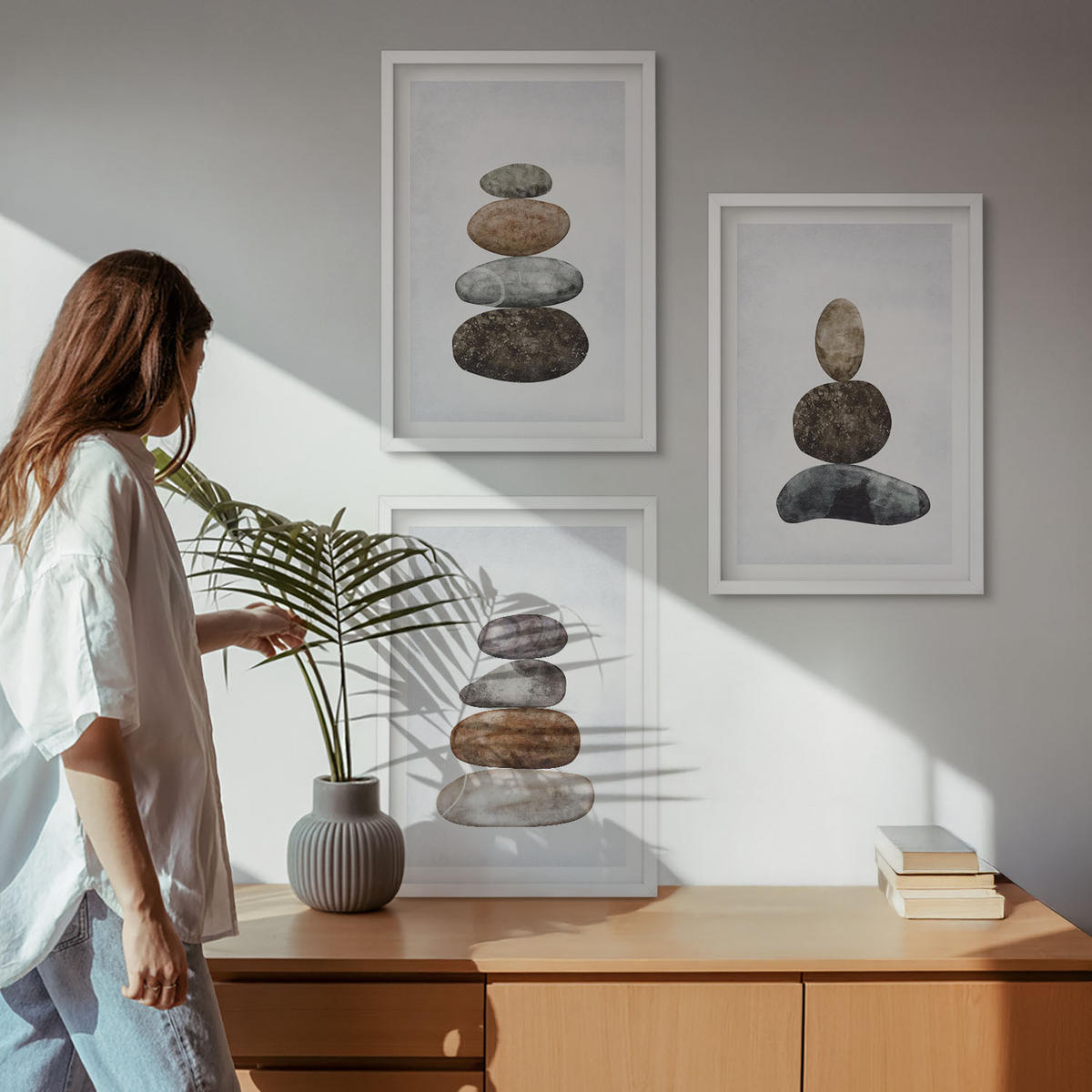 WANDBILDER 3er-Set - 40x60 cm Weißer Rahmen - Minimalistische Boho-Steine - Weiß, Kunststoff (40/60cm) - ArtPrintCave