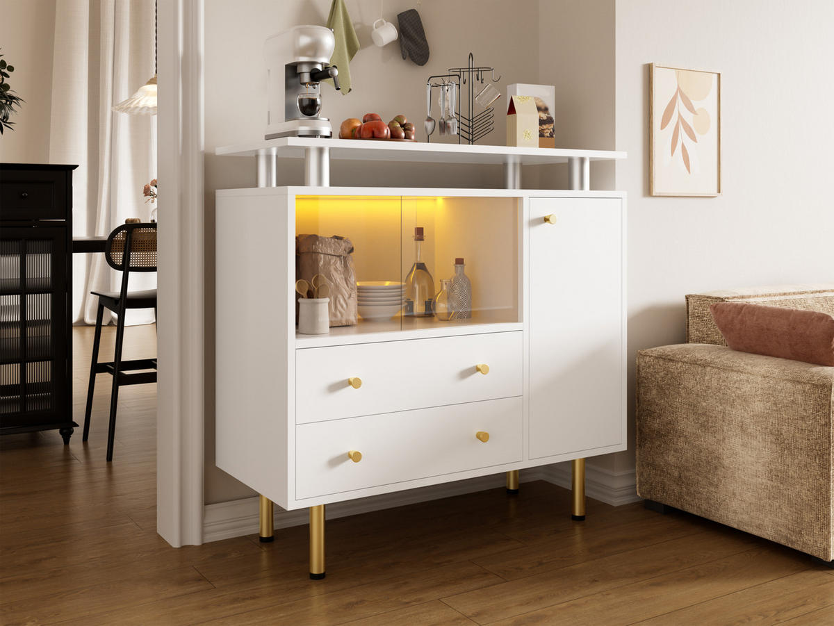 LED-SIDEBOARD 80/35/80 cm in Weiß mit Glastüren und 2 Schubladen - Goldfarben/Weiß, Glas/Holzwerkstoff (80/80/35cm) - CHICFURN