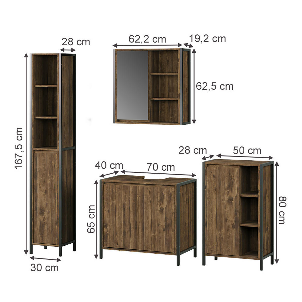 BADMÖBEL-SET Naola Eiche/Schwarz 4 Teile - Eichefarben/Schwarz, Holzwerkstoff (75/65/40cm) - Vicco