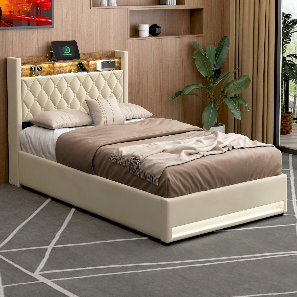 POLSTERBETT 140/190 cm Beige mit Stauraum-Kopfteil und LED-Lichtleiste - Beige, Textil (140/190cm) - OKWISH