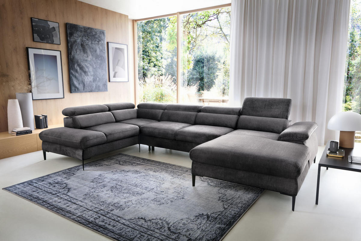 WOHNLANDSCHAFT MESTO Grau Velours-Stoff mit Schlaffunktion - Grau, Holz (353/94/182cm) - MASSENO