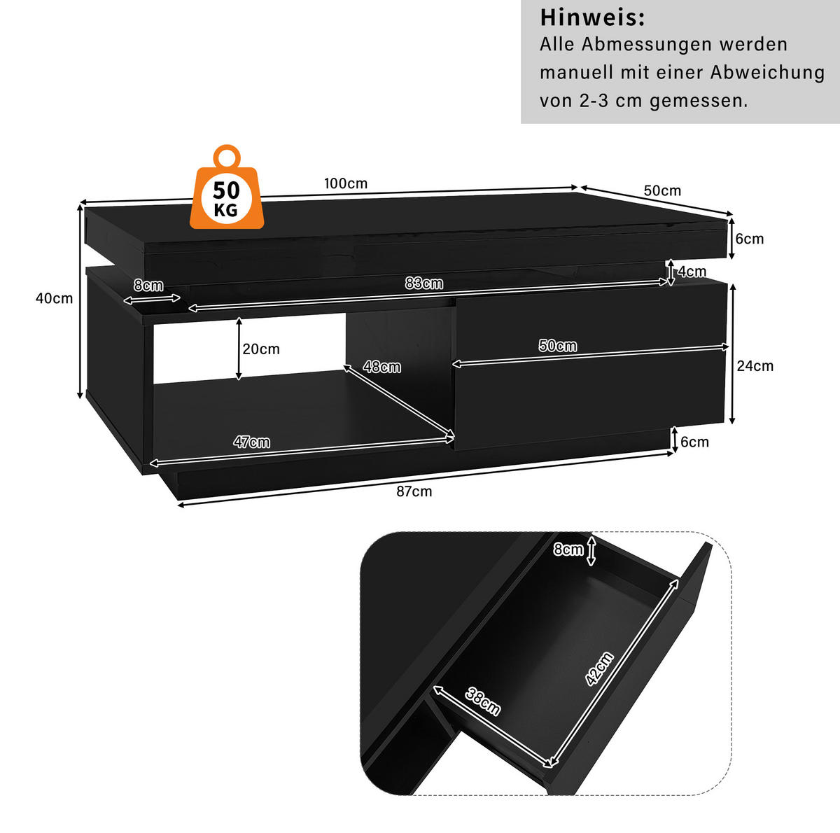TV sestava 181/38/38 cm černá z dřevotřísky s LED osvětlením a konferenčním stolkem - černá, kompozitní dřevo (181/38/38cm) - OKWISH