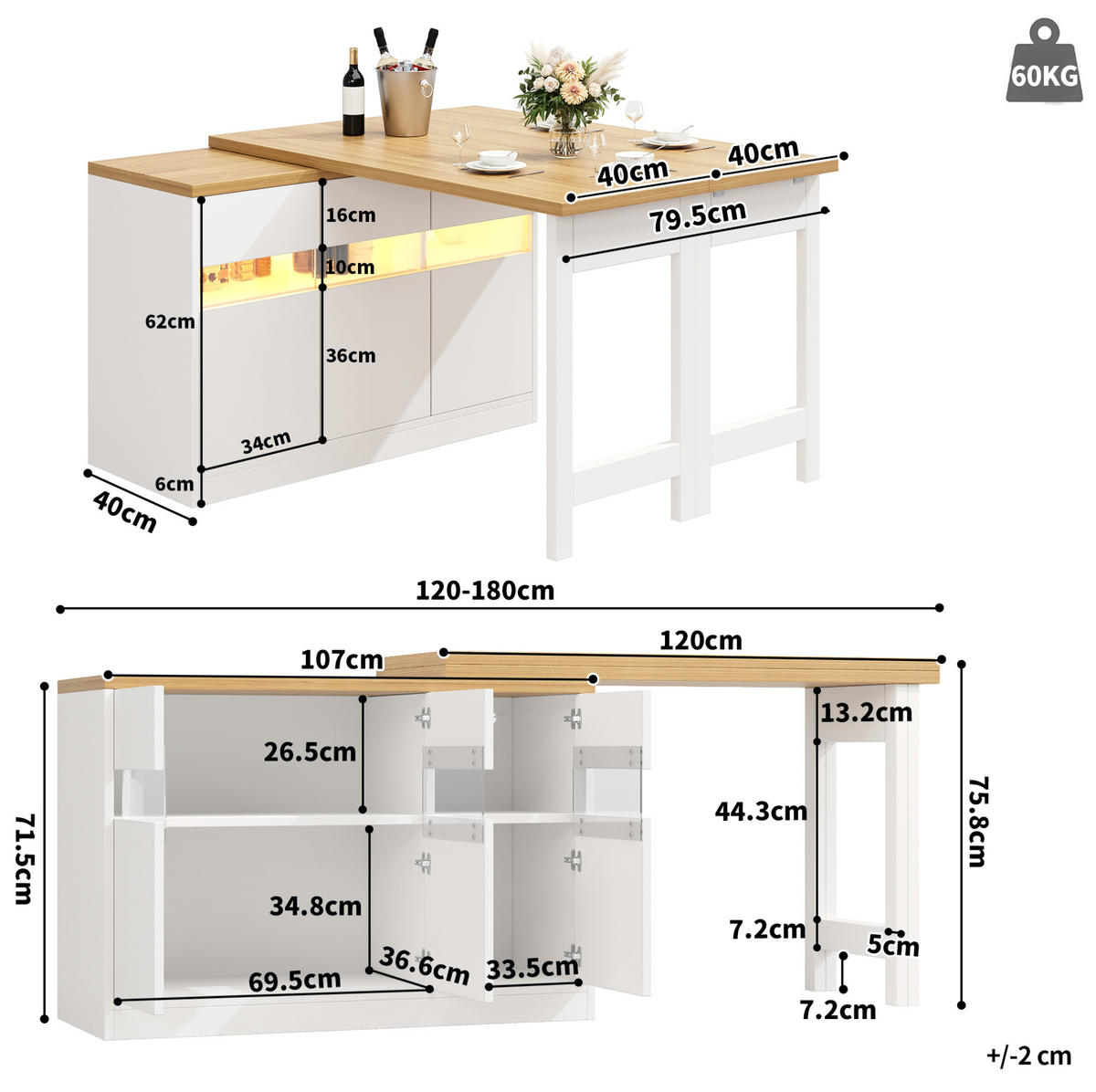 BARTISCH ausziehbar mit LED-Lichtleiste & Stauraum, 120-180/40/71,5 cm, Weiß - Weiß, Holzwerkstoff (40/71.5/107cm) - Redom