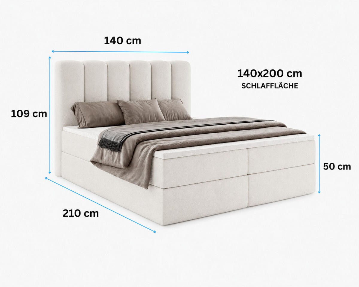 BOXBETT NOLARO 140x200 cm Komplett-Set mit Bettkasten, Bonell-Matratze und Topper, Bouclé Weiß - Weiß, Textil (140/200cm) - Luxkor24